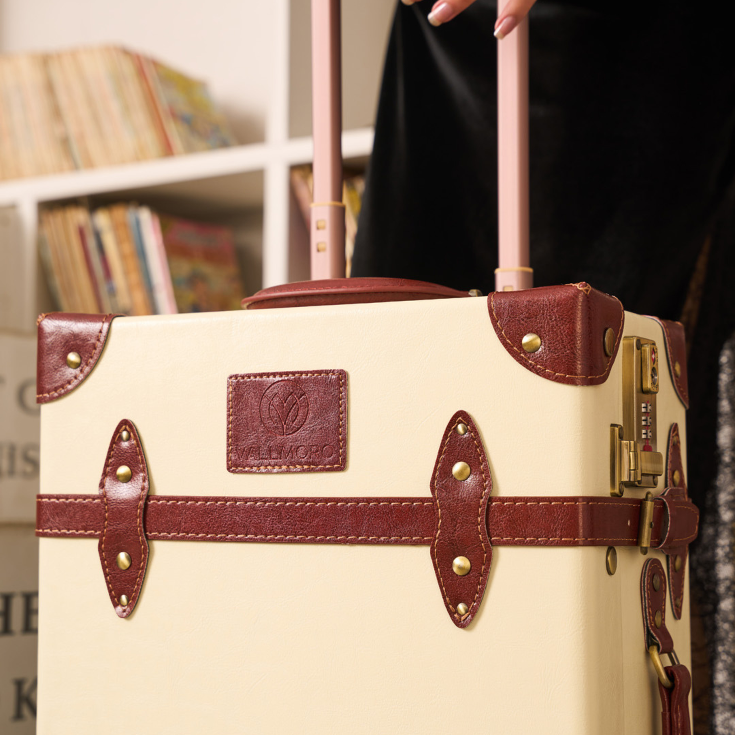 carry on hard shell luggage with vegan leather exterior finish detail
