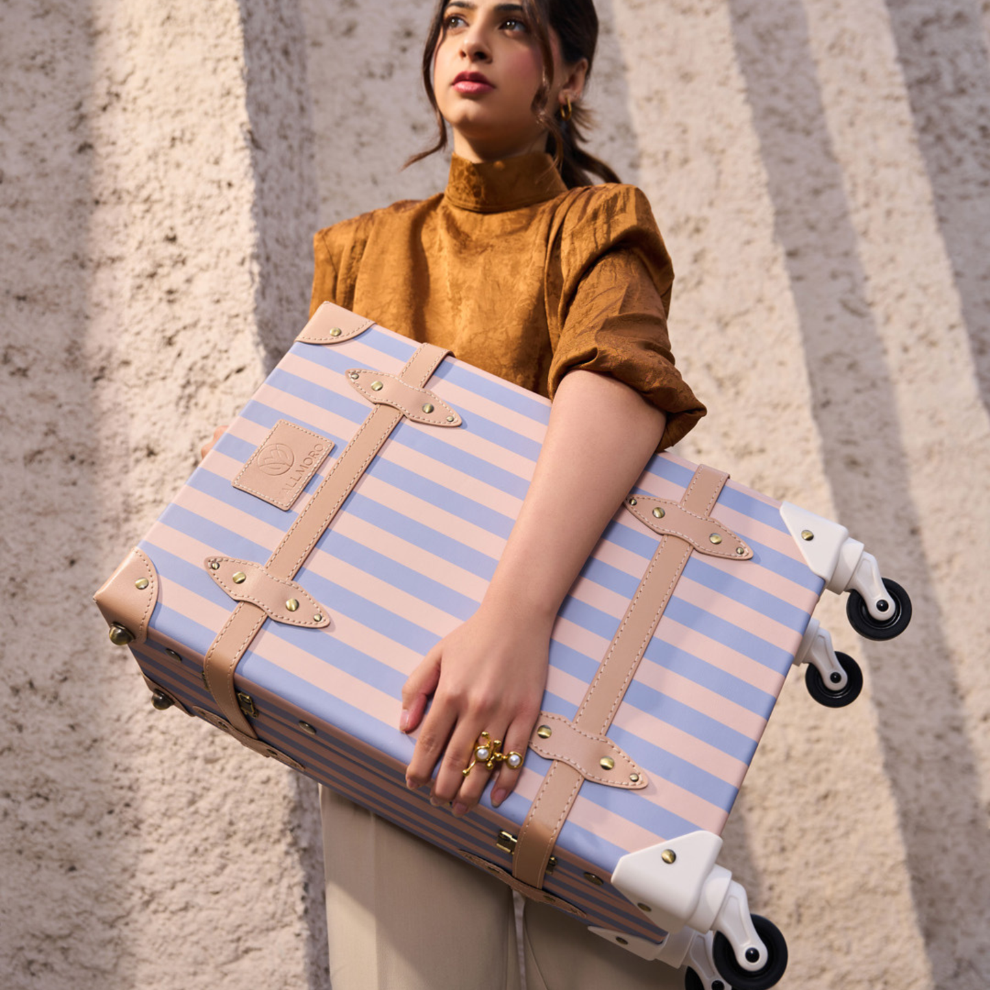20'' carry on hard shell luggage with vegan leather exterior finish detail