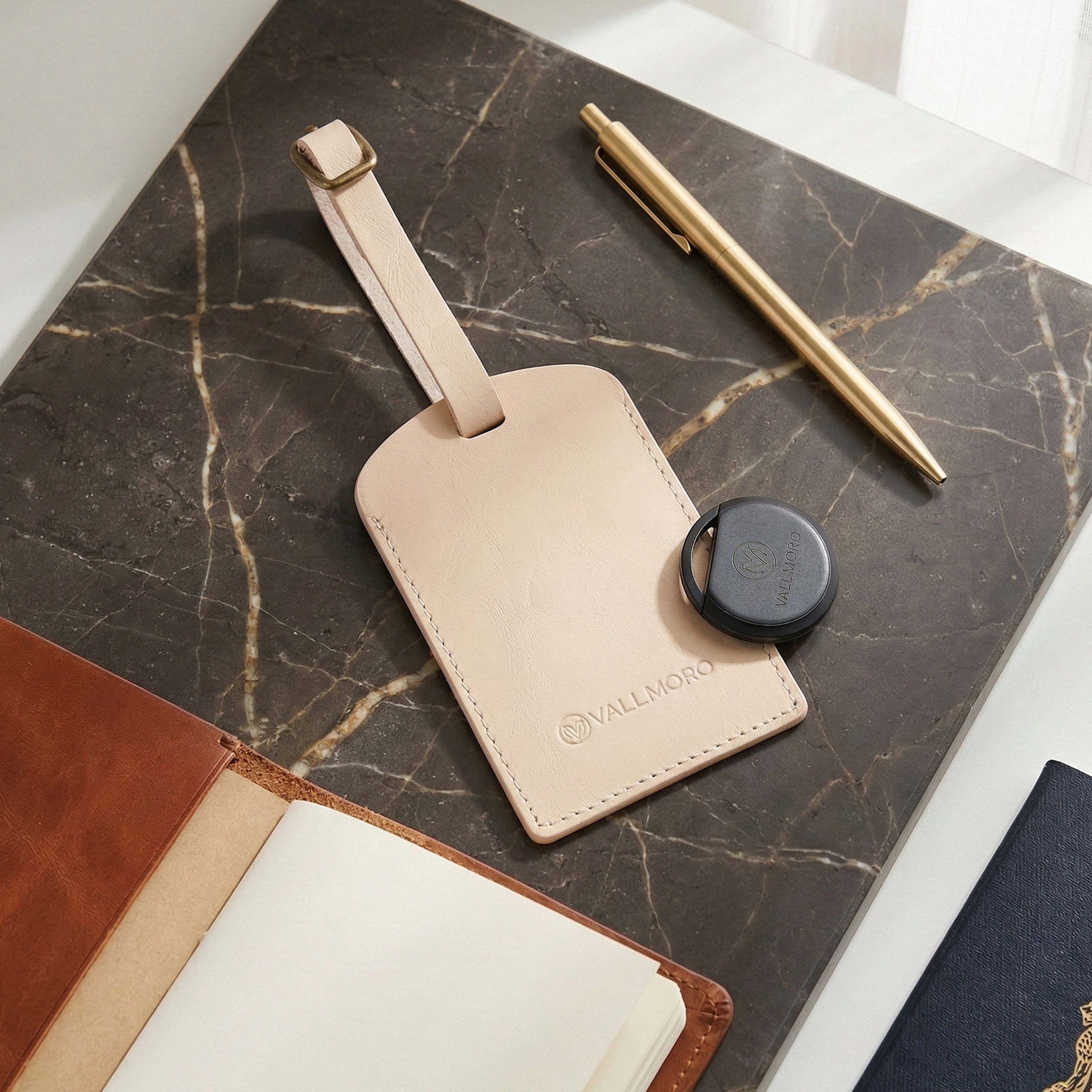 compact smart tracker device for travel luggage tracking along with leather luggage tag