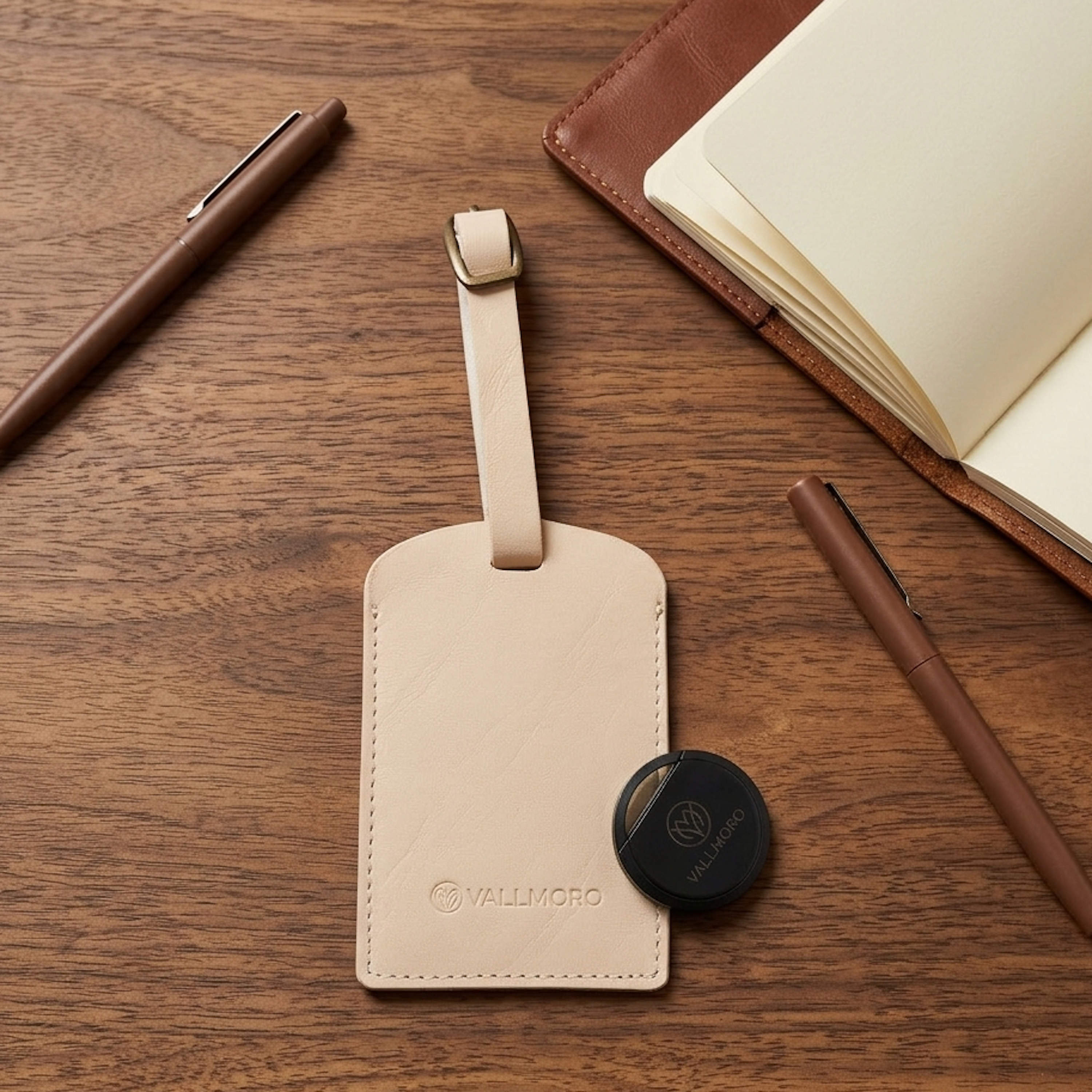 compact smart tracker device for travel luggage tracking comes along with leather luggage tag