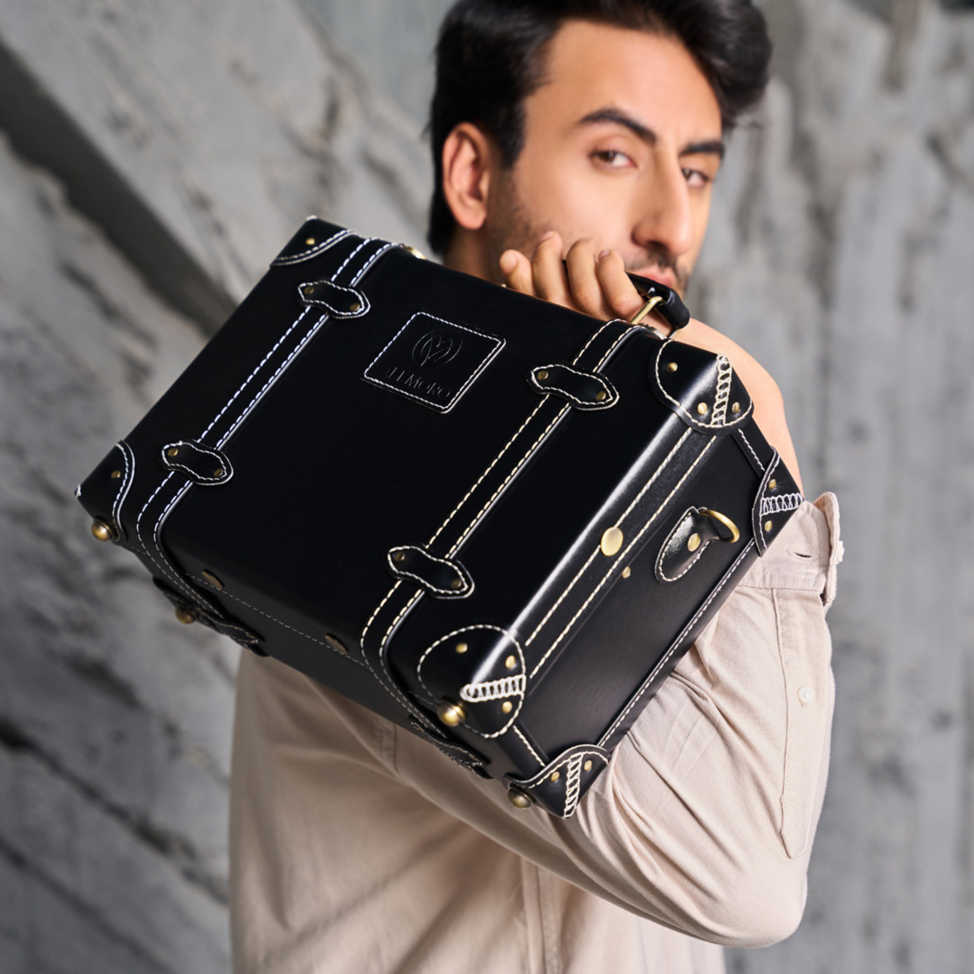 compact 13 inch hard shell luggage trunk side profile structured build