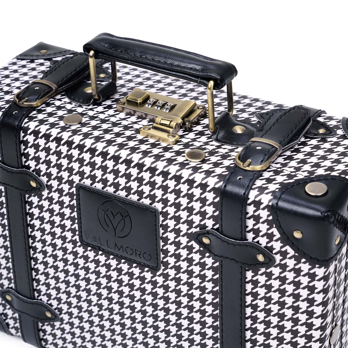 compact hard shell luggage with vegan leather exterior finish detail