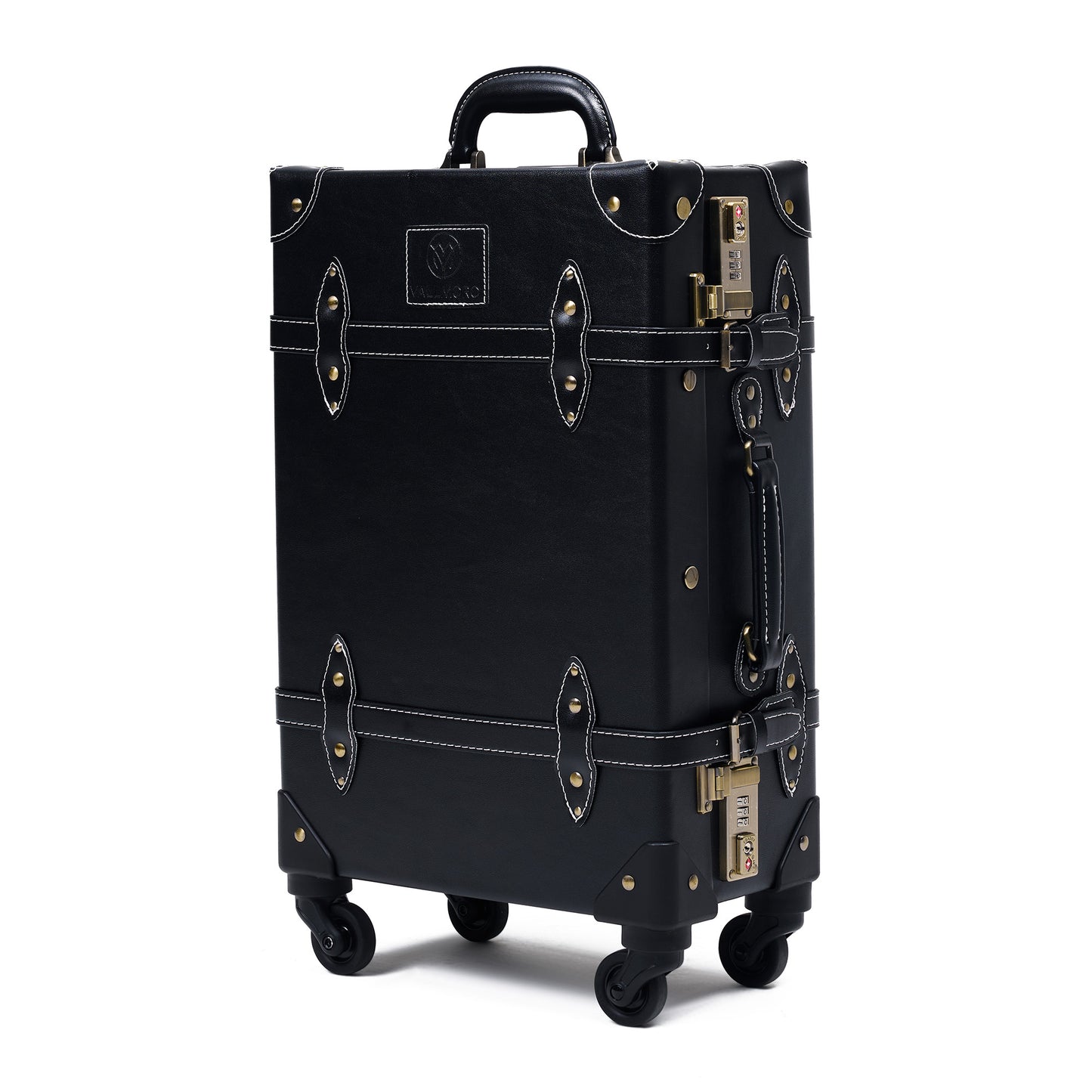 Black suitcase with gold accents on a white background , its a  20 inch carry on hard shell luggage side view durable structured build