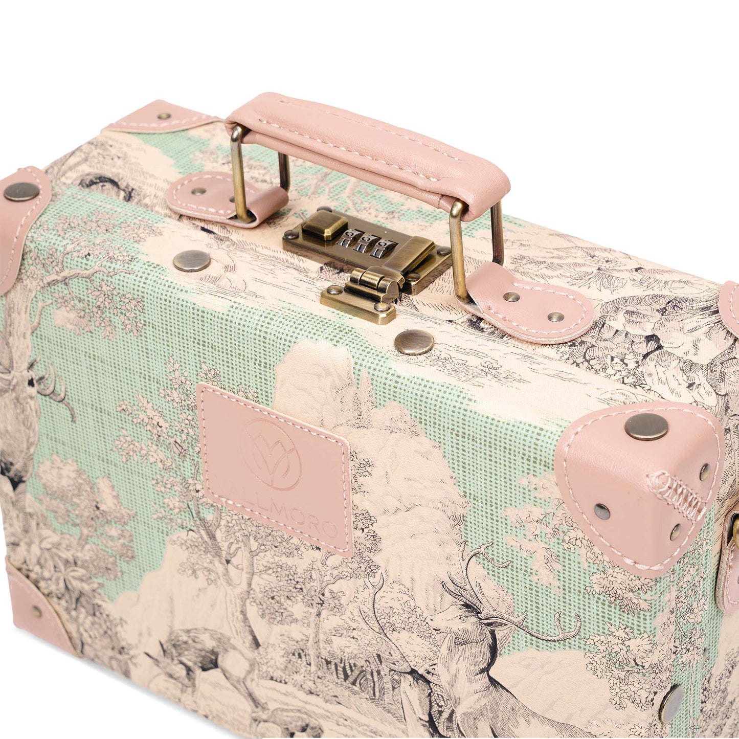 compact hard shell luggage with vegan leather exterior finish detail