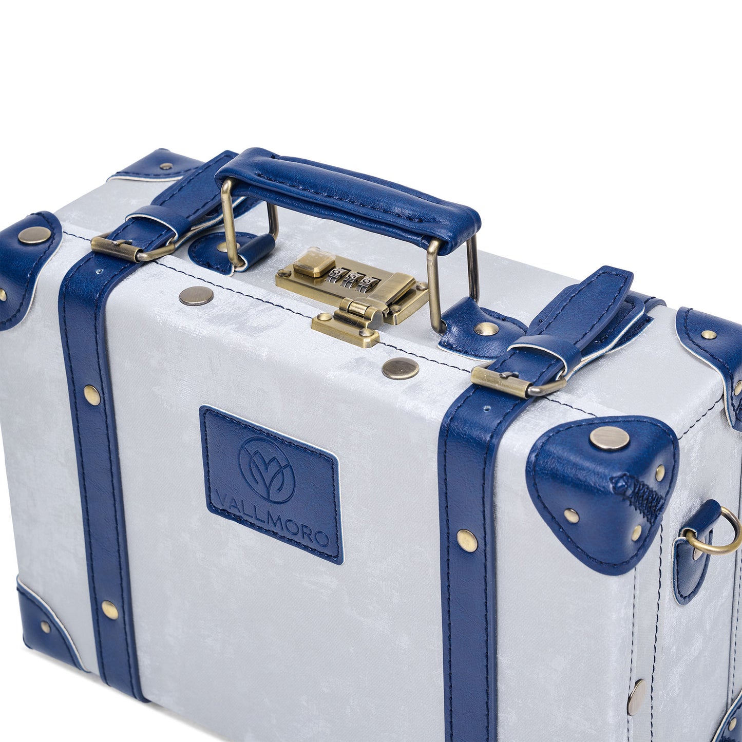 compact hard shell luggage with vegan leather exterior finish detail