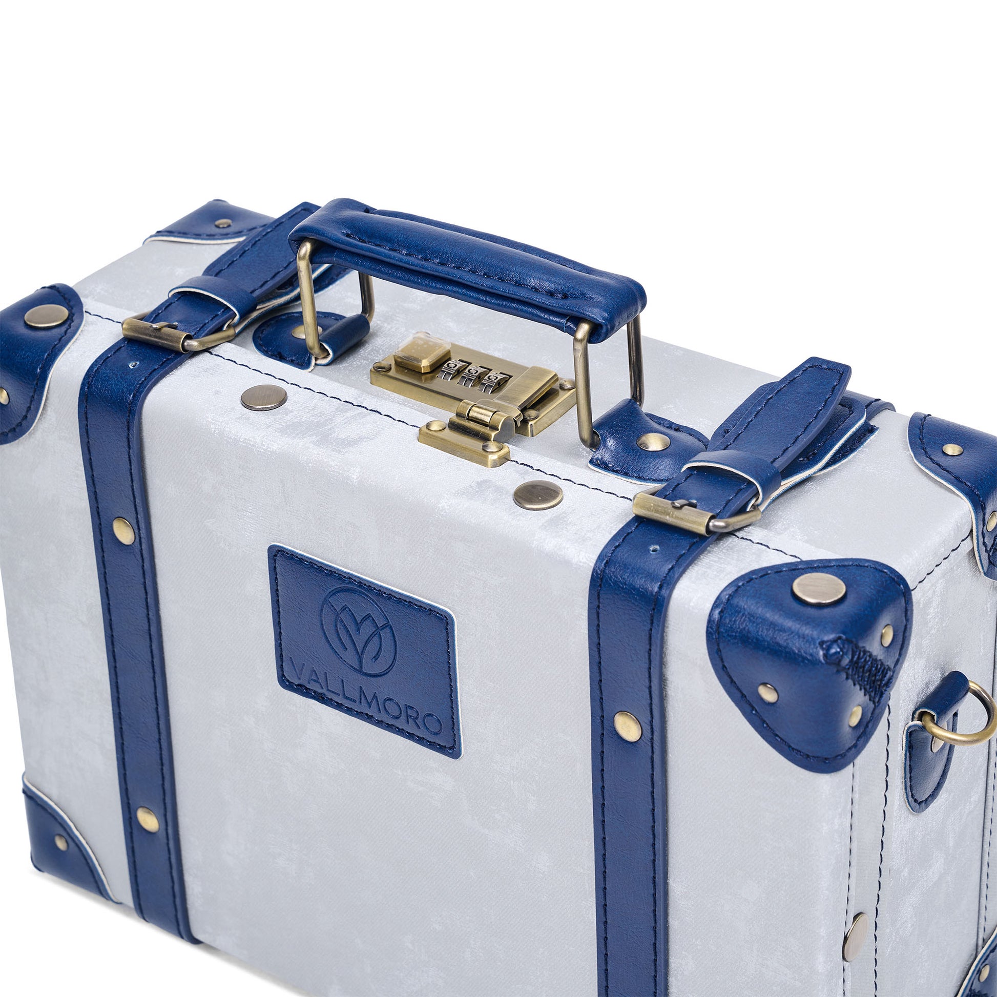 compact hard shell luggage with vegan leather exterior finish detail